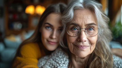 Young granddaughter hugging her grandmother, portrait