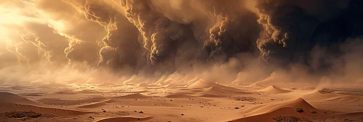 Foto op Aluminium Desert landscape, sandstorm, sand morch, dramatic cloudy sky, unreal world, apocalypse. 3D illustration © john