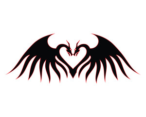 vector design of a symbol or symbol of two sharp, black winged dragons facing each other head and body forming a love or heart symbol