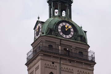 Munich, Germany - May 01, 2022: Church bell tower in the cultural center of Munich