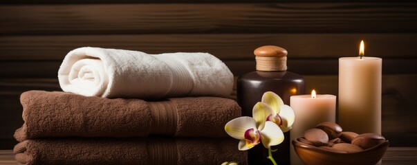 Obraz na płótnie Canvas Two brown rolled towels, a flower and a lit candle. Serene spa atmosphere arrangement, beauty and relaxation concepts.