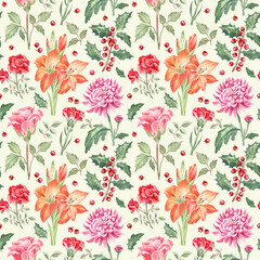 Fototapeta premium Floral pattern with the roses, chrysanthemums, gladioluses, carnations and holly on a light yellow background. Elements are painted with watercolors. For fabric, home textile, wallpapers, packaging