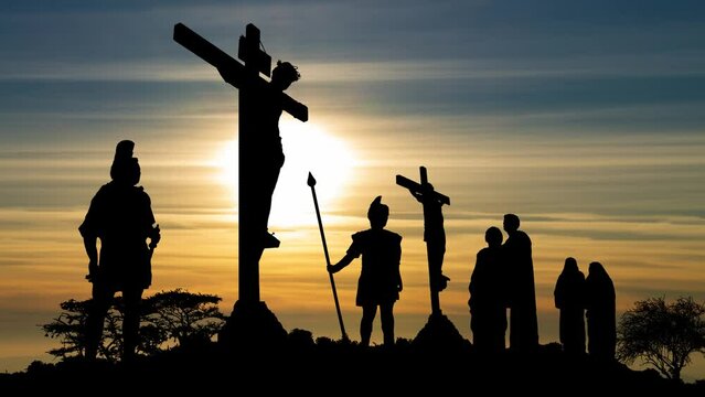 Jesus Christ Crucifixion on Mount Golgotha at Sunset, Time Lapse with Colorful Clouds