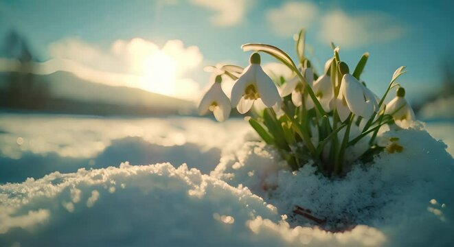 Snowdrop flowers breaking through the snow, Spring, Pristine Blue Sky with White Snow, holiday of the beginning of spring