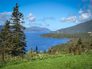 Gros Morne National Park, a Canadian national park and World Heritage Site in Newfoundland. Fjord Inner Bonne Bay East Arm and Gros Morne Mountain.  - obrazy, fototapety, plakaty