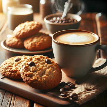 Freshly Baked Oatmeal Cookies And A Steaming Mug Of Coffee On The Cafe Table