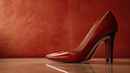 pair of sophisticated red high-heeled women's shoes in Old Money Aesthetic style stands on a glossy marble floor