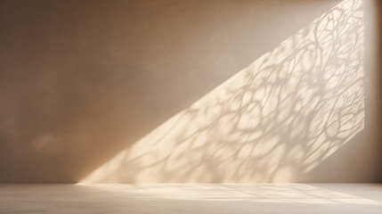 Abstract Tree Shadow on Wall. A sharp beam of light projects the intricate shadow of a tree onto a plain wall, creating a natural yet abstract pattern