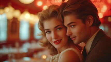 A couple smiling and posing for a photo in a restaurant, capturing a joyful moment together.