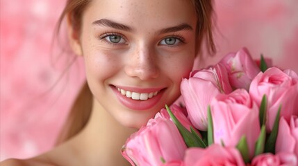 A woman happily holds a bouquet of pink flowers, radiating joy and beauty.