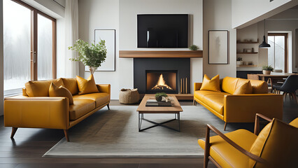 a living room filled with furniture and a fire place, warm colored furniture.
