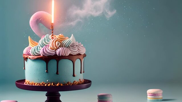 Birthday cake decorated with sweets, chocolate, fireworks candles on a blue background.