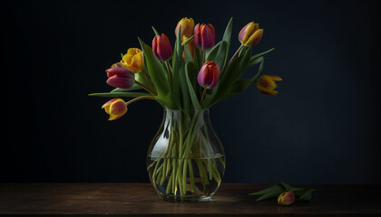 Freshness of nature beauty in a bouquet of vibrant tulips generated by AI