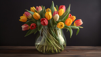 Vibrant colored bouquet of tulips brings elegance to outdoor space generated by AI