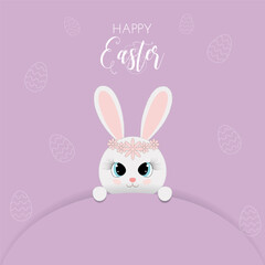 Easter card with cute bunny, rabbit on  violet background with easter eggs. Banner template, flyer, cover, poster, social media