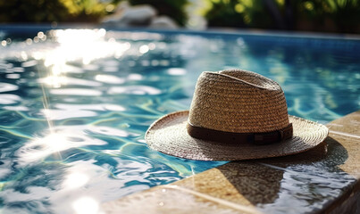 Elegant straw fedora hat resting on a poolside under the tranquil summer sun, symbolizing leisure, vacation, and the serene joy of a holiday retreat