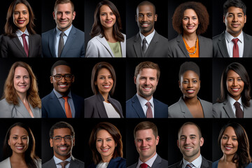 Portraits of happy multiethnic business people smiling at camera. Collage