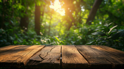 The empty rustic wooden plank table top with blur background of jungle. Exuberant image