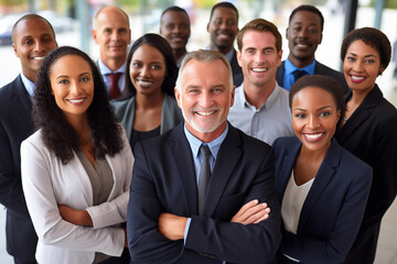 Portrait of a smiling business team standing in a row with arms crossed