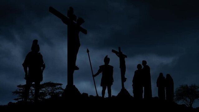 Lightning an Thunderstorm flash over Bible scene of Jesus Christ Crucifixion on Calvary Mount