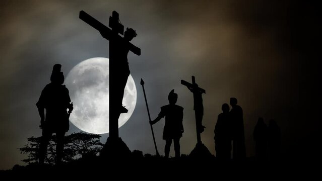 Concept of Crucifixion on Mount Golgotha, Time Lapse by Night with Full Moon