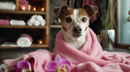 A funny dog in a dog spa sits wrapped in a towel surrounded by orchid flowers.