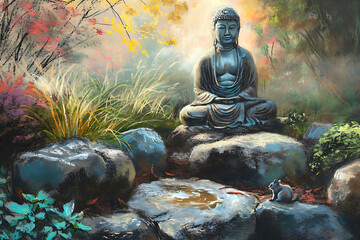 Serene Morning: Buddha Statue with Pastel Dawn. The serene Buddha statue is surrounded by lush foliage and stands in the middle of the morning garden at sunrise. Pastel chalk illustration