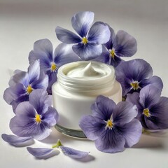 Fototapeta na wymiar Kwiaty fiołka trójbarwnego na białym tle otaczające słoiczek z kremem 