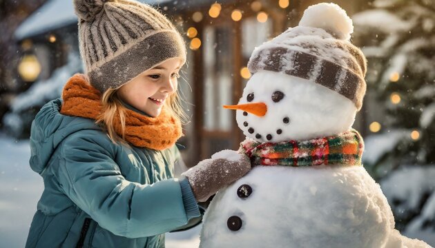 Dziecko lepiące bałwana przed domem. Ferie zimowe, zabawa, czas wolny