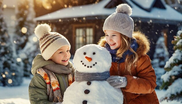 Children building a snowman in front of the house. Winter holidays, fun, free time