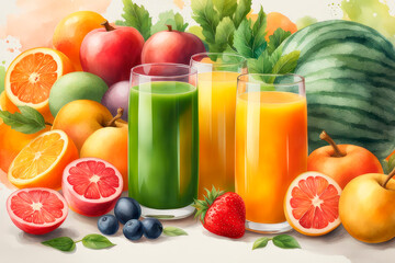 Watercolor various freshly squeezed fruits and vegetables juices and their ingredients with on a table.