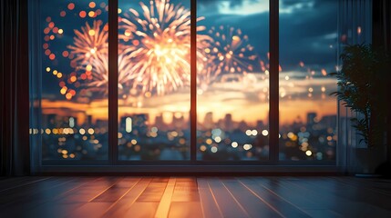 Empty room in luxury appartments with big panoramic windows and multiple fireworks on background. Generative ai