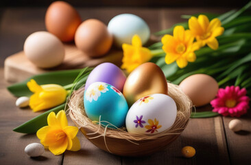 Obraz premium Easter, a basket with colored eggs, a nest, traditional treats and dishes, spring flowers