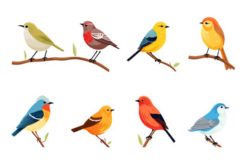 Colorful birds set isolated vector style illustration