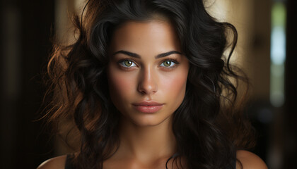 Naklejka premium Beautiful woman with long brown hair looking at camera smiling generated by AI