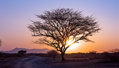 Fototapeta premium Silhouette of acacia tree in African sunset generated by AI