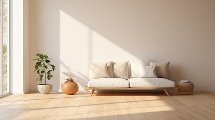 Fototapeta na wymiar Warm sunlight fills a cozy minimalist living space, highlighting a comfortable sofa and simplistic decor.