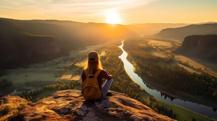 Back view of a woman sitting on a rock, watching the sunrise over a peaceful valley and river. - Powered by Adobe