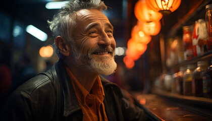 Smiling man, illuminated city, confident, enjoying nightlife, looking at camera generated by AI