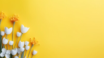 Elegant white tulips and vibrant yellow mimosa flowers arranged on a bright yellow background with space for text.