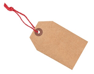 Empty craft paper tag with red twine isolated on transparent background