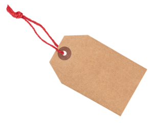 Empty craft paper tag with red twine isolated on transparent background