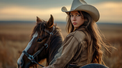 Obraz premium A portrait of a brunette girl in a cowboy hat riding a horse, with the prairie in the background.