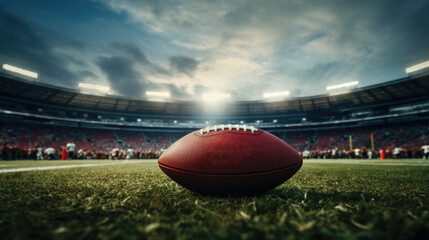 American football ball on the stadium field, generative AI