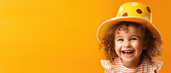 horizontal banner, curly red-haired girl in a funny hat, April 1st, April Fools Day, funny clown in a clown hat, infectious laughter, happy child - obrazy, fototapety, plakaty
