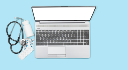 Laptop with empty display, stethoscope and remedy on blue background, top view with copy space