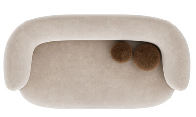 beige fabric sofa, top view, brown pillows, on transparent background 3d rendering