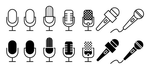 radio mic vector icon set. podcast interview voice record microphone vector symbol. mike button. speaker speech vintage  mic sign. singer music concert mike icon collection.