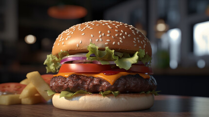 Realistic burger on black background, fast food