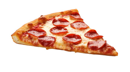  a single slice of Pepperoni Pizza, highlighting the glistening cheese and perfectly placed pepperoni 